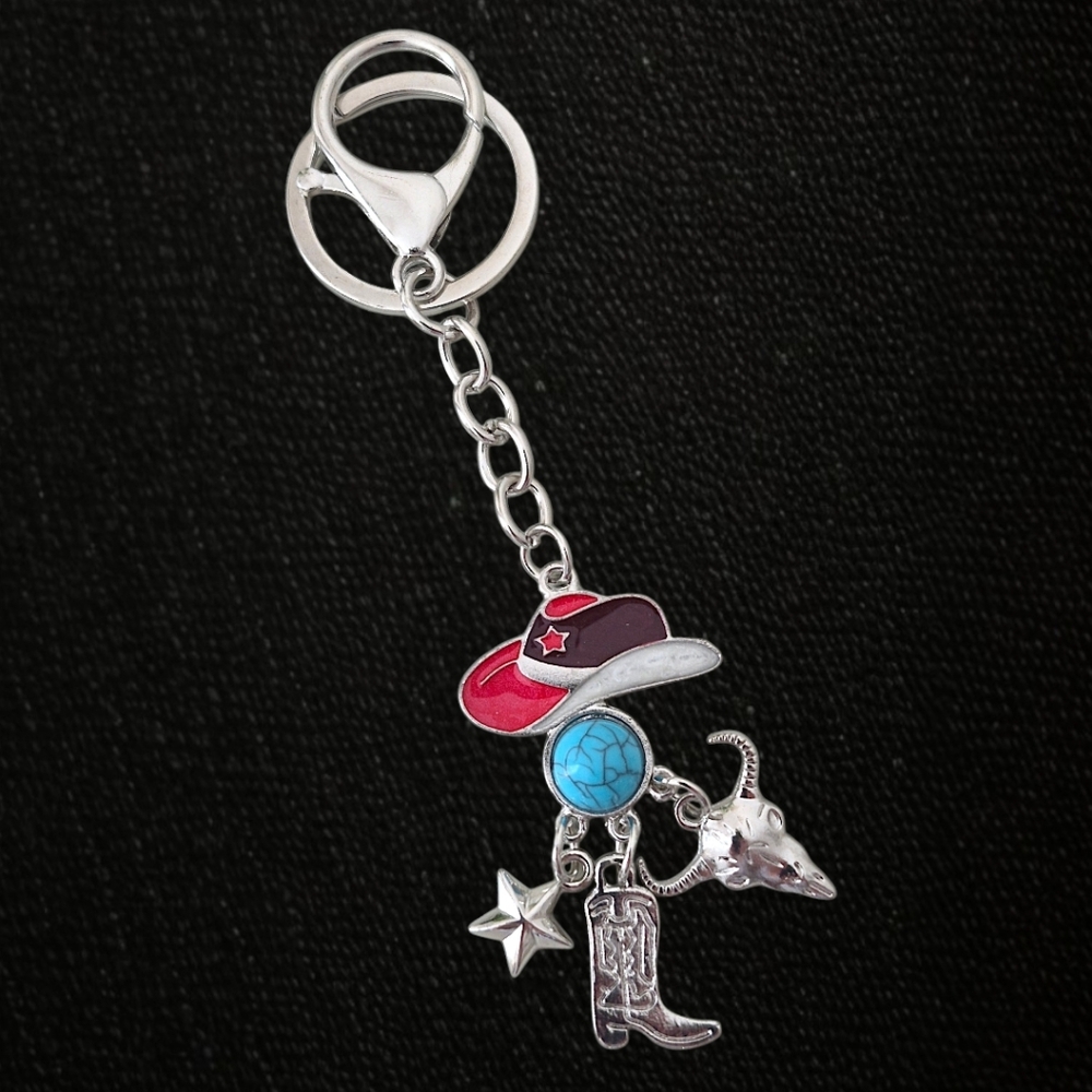 Western Bag Charm / Keychain with Maroon Hat & Charms